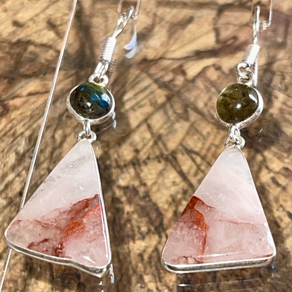 Labradorite & Phantom Fire Quartz Earrings 2” - Picture 3 of 13